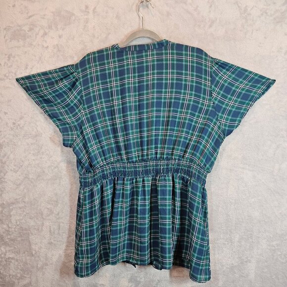 Torrid Womens 2X Plaid Ruffled Button Front Blouse Top Blue Green peplum office - Picture 2 of 11